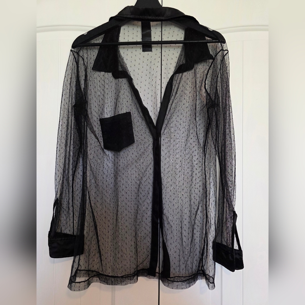 Sheer Black Top with Satin Accent At Collar Pocket And Cuffs - Size Large - Picture 8 of 9
